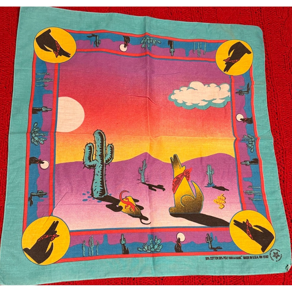 Vintage Hav-A-Hank Coyote Desert Bandana Scarf Southwestern Made in USA RN 15187